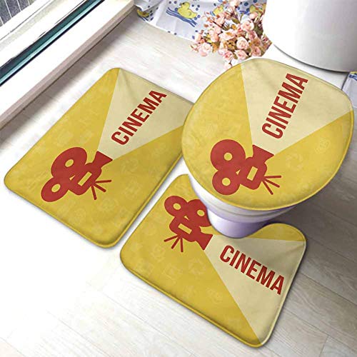Movie Theater 3 Piece Rug Set Projector Silhouette with Cinema Quote Movie Symbols