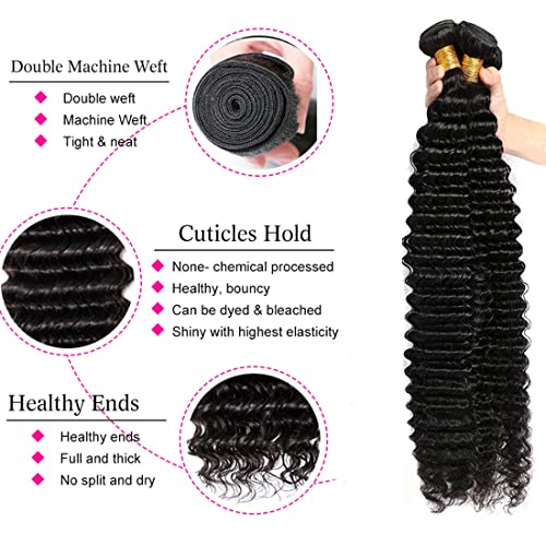 Deep Wave Bundles With Closure Human Hair (24 26 28 30+22 Closure) Curly Bundles And 4X4 Lace Closure 100% Brazilian Virgin Remy Hair Deep Curly Bundles Hair Extension Double Weft Natural Color #TOP1