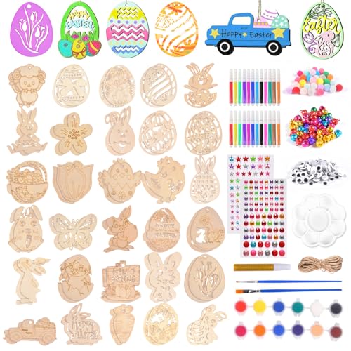 293PCS Colgante Pascua Madera,Adornos Colgantes de Madera de Pascua,Adornos Pascua sin Terminar,Manualidades Madera Pascua,Huevo Pascua Rebanadas Madera,DIY Adornos Colgantes Madera Pascua (Marrón A)
