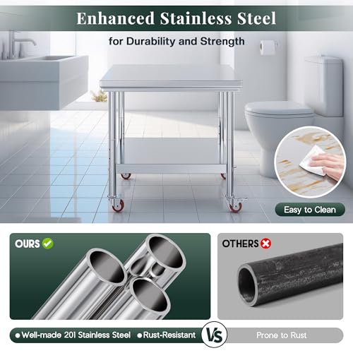 Image of Jocisland 24 inch x 36 inch Stainless Steel Table for Prep & Work, Food-Grade Stainless Steel with Wheels, Adjustable Under Shelf & Safe Design for Restaurant, Home and Outdoor