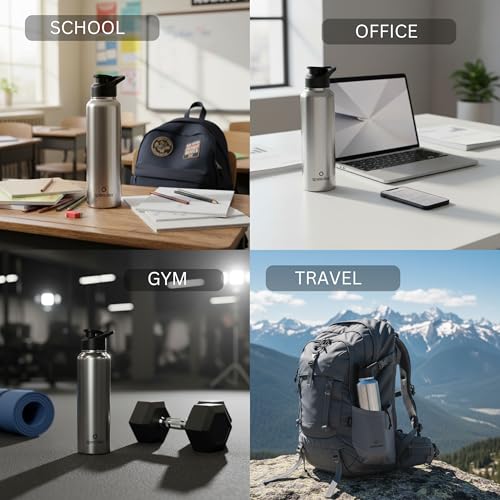 Image of Speedex Stainless Steel Water Bottle 1 Ltr, Leak Proof Sipper Cap, BIS Approved 1000 ml Metal Bottle For Daily, Office, School, Gym, Travel Use for Men, Women, Kids, Adults, Silver, Set of 3