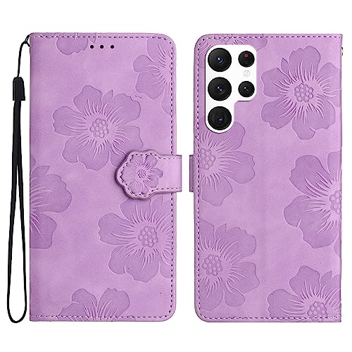 SUPWALL Wallet Case Compatible for Samsung Galaxy S24 Ultra with Card Holder | Flowers Case Wallet for Women and Girls with Wrist Strap | Embossed Floral Protective PU Leather Flip Case | Purple