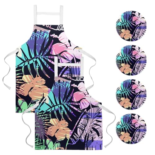 Tablier de cuisine avec 4 broches et imprimé plantes tropicales colorées