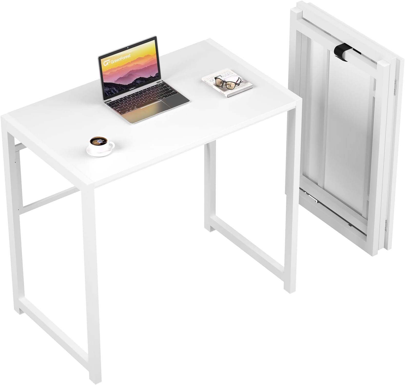 GreenForest Folding Desk for Small Spaces No-Assembly, 80 cm Small Computer Desk For Home Office, Space-Saving Foldable Table Study Writing Office Desk,White