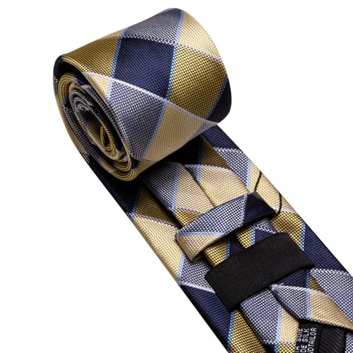 Image of Barry.Wang Plaid Ties Mens Silk Necktie and Tie Clip Checkered Tie for Wedding Party Business Formal