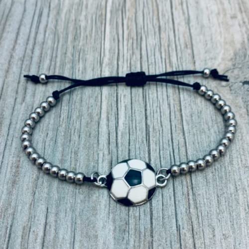 Soccer Bracelet, Soccer Jewelry, Adjustable Silver Beads on Black Strings Soccer Bracelet, Soccer Gifts For Women2