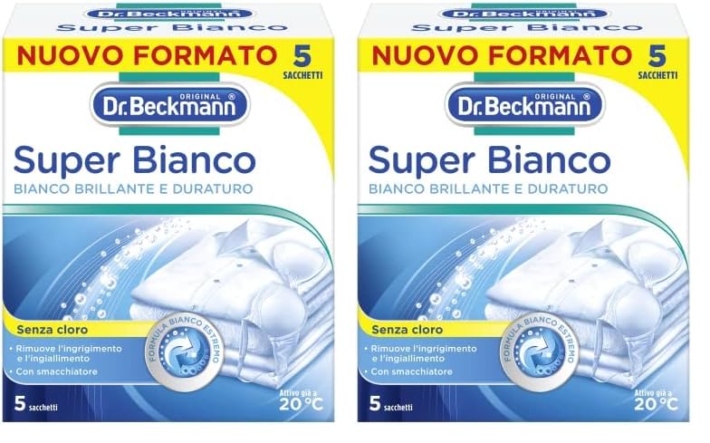 Dr. Beckmann Super Bianco | Rimuove l'ingrigimento | Combatte l'ingiallimento | Rende la biancheria bianca più bianca | 5 x 40 g (Confezione da 2)