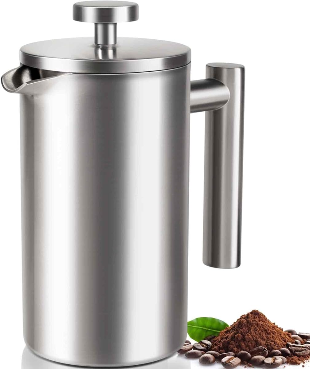 French Press 34 OZ, Durable Stainless Steel French Press Coffee Maker, Double-Wall Insulated Coffee Presses for Travel Camping Tea, Easy to Use, Dishwasher Safe (Silver Matte)