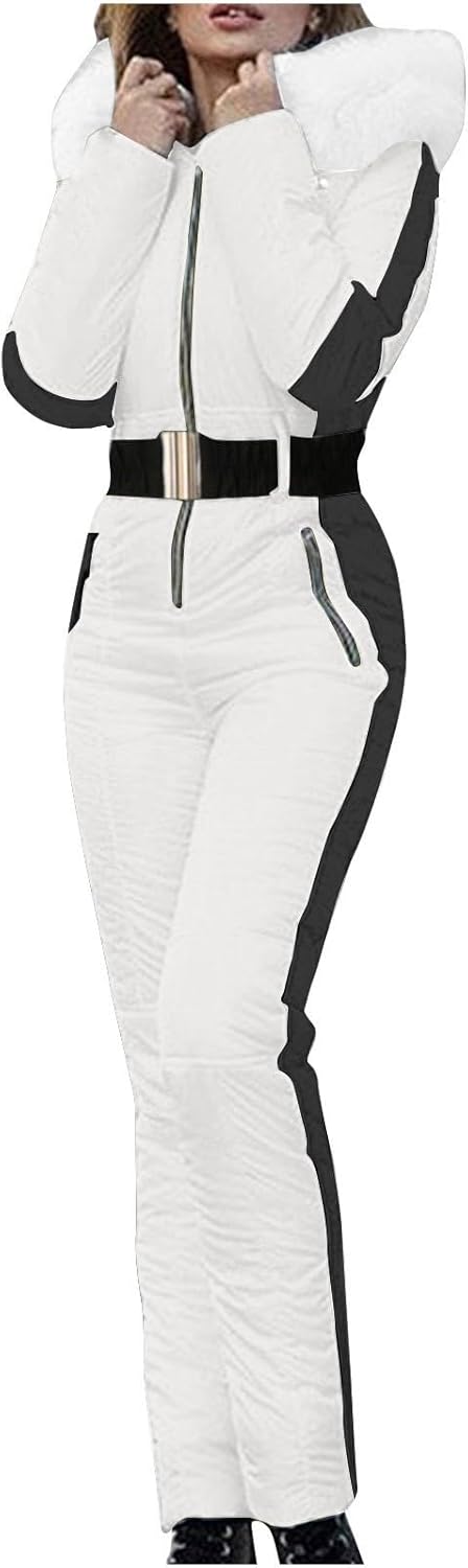 YRAETENM Womens Winter Onesies Ski Jumpsuits Outdoor Sports Waterproof Windproof Snowsuit Fur Collar Coat Slim Ski Outfits