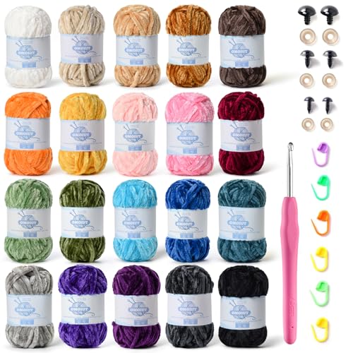 Image of 20 Pack 984 (yd) Chunky Chenille Yarn for Crocheting and Hand Knitting with Black Red White Green Yellow Rainbow Plush Velvet Yarn，Baby Blanket Yarn for Crocheting Soft Amigurumi Yarn C