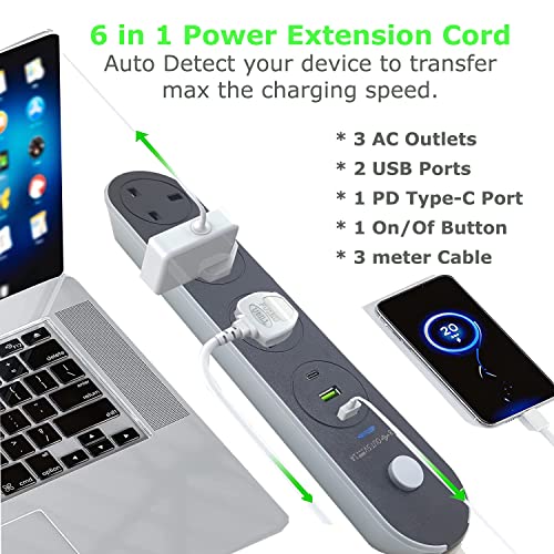 سلك تمديد الطاقة، شريط طاقة بطول 5 متر يحتوي على 2USB 1PD نوع C ومقبس طاقة 3UK، وصلة تمديد شديدة التحمل 13 امبير للحماية من اندفاع التيار مع مصراع امان للمنزل والمكتب (5M-3PW-2USB-1PD)