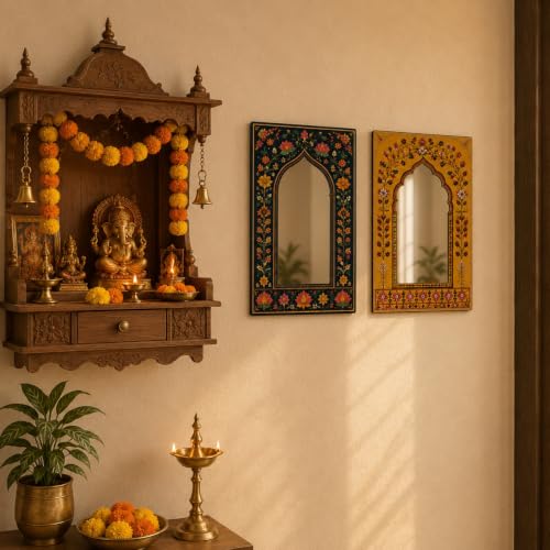 Image of American Elm Pack of 2 Jharokha Mirror Wall Decor for Home Decor Living Room Bedroom and Entryway Indian Floral Arch Acrylic Mirror Wall Hanging Ready to Hang