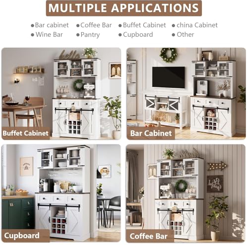 72" Farmhouse Bar Cabinet with Sliding Barn Door, Tall Kitchen Buffet with Storage Hutch and 3 Drawer, Rustic Coffee Wine Bar Sideboard with Wine & Glasses Rack, for Living Room, Pure White