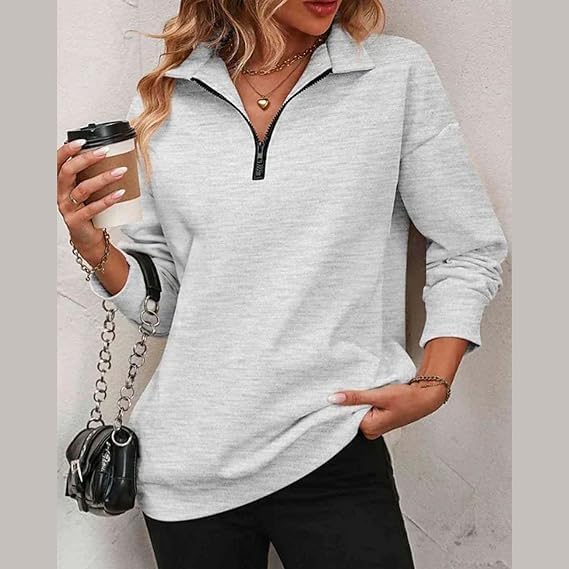Womens Zip-Up Dropped Shoulder Sweatshirt, Quarter Zip Up Sweatshirt Women, Casual Outfits Pullover Sweatshirt (Flower Gray,S)3