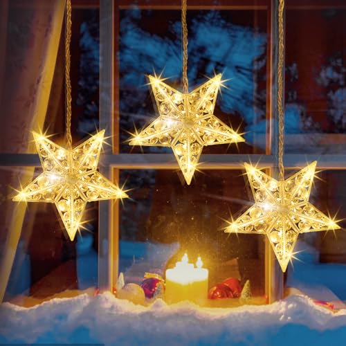 Quntis 3 Sterne Fensterdeko mit Batterie Timer Haken, 0,8m 30LED...