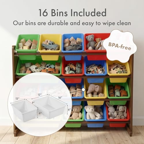 Image of Humble Crew Toy Storage Organizer with 16 Removable Storage Bins for Kids Playroom, 4-Tier Toddler Toy Organization and Storage, Walnut /Primary