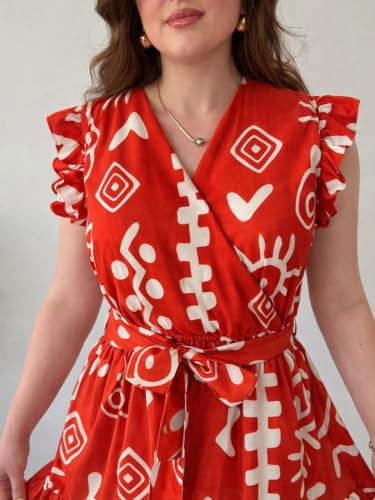Image of KZULLY | Dress for Women | Feminine Cross Tie Long | Soft Frill Arm Detail Look | Stylish Allover Print Wear