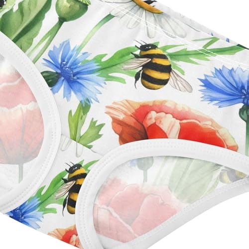 Red Poppy Flowers Bee White Cute Panties Girl Toddler Girls Underwear Cotton Florals Briefs Underpants 2t4