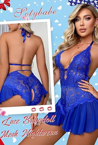 Rayson-Conjunto-de-Lenceria-con-Meida-Mujer-Encaje-Ropa-Interior-Cuello-en-V-Babydoll-Body-Ropa-de-Dormir-Sin-Espalda-Camisones