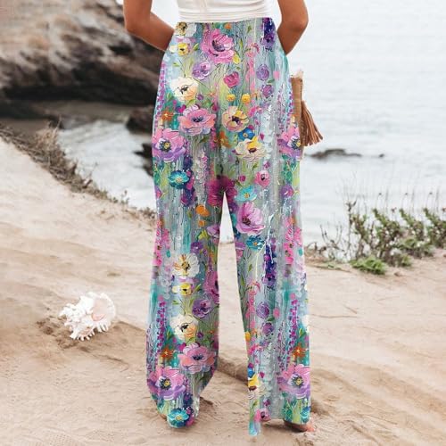 Womens Elastic High Waisted Palazzo Pants Floral Casual Wide Leg Long Lounge Pant Boho Trousers with Pocket4
