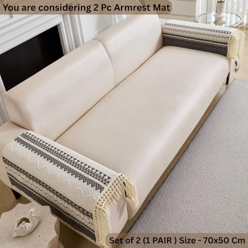 Image of HOMETHREADS Innovative European Premium Style Anti Slip Cotton Sofa Cover Mat with PVC Backing for Non-Slip Comfort (Grey, 2Pc Armrest Mat | 70x50cm)