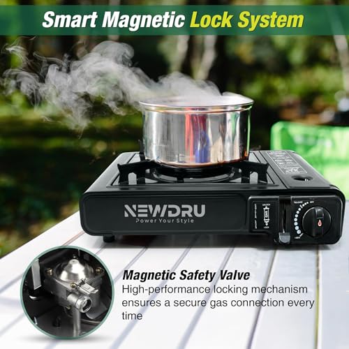 Image of NEWDRU Portable Butane Gas Stove with 4 Butane Gas Cans Combo | FlameGuard Pro Camping Stove with Adjustable Flame & Safety Lock | MSF-1a Refill Gas Cartridge | Outdoor Cooking, Camping & Travel