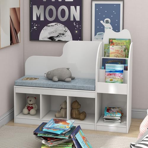 TaoHFE Reading Nook for Kids with 4 Storage Cubes and Cushion, Kid Bench with Kids Bookshelf and Toy Storage, Multifunctional Kids Reading Nook for Living Room, Kid Room, Nursery, White