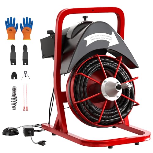 Garvee Drain Cleaner Machine 75FT x 1/2 Inch Steel Core Cable Portable 370W Electric Drain Cleaning Machine With Sewer Auger Cutter Air-activated Foot Switch for Commercial Home