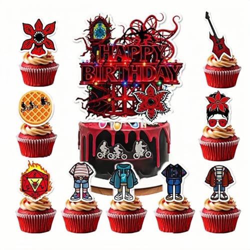 25pcs Stranger Theme Cake Decorations with 24pcs Cupcake Toppers 1pcs Cake Topper for TV Program Stranger Inspired Party Movies Themed Birthday Party Supplies
