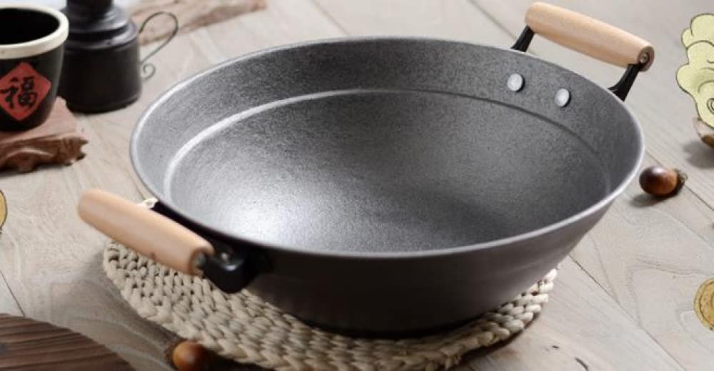 Patelnia do gotowania Wok, naczynia żeliwne z drewnianą pokrywką 16 cali, żelazny Wok do gotowania z 2 drewnianymi uchwytami, odlewana patelnia Wok