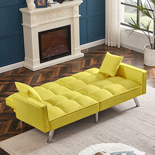Hansones Futon Sofa Bed,Loveseat Folding Daybed，Modern Velvet Fabric Convertible Folding Lounge Couch Withwith Arm 2 Pillows Split For Small Space, Home, Living Room (Yellow) #TOP2