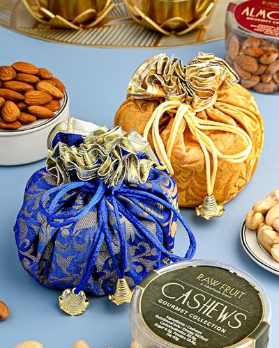 Image of HyperFoods Diwali Hamper Gifts DryFruit Combo Pack Rawfruit's Handcrafted Potli Blue Dry Fruits Pack of 4 Almond Cashew Raisins Pistachios 495 Gr Diwali Gifts for Family and Friends DryFruit Gift Box
