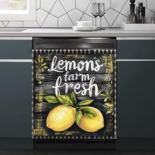 Generic Black and White Plaid Striped Retro Dishwasher Magnetic lid Kitchen Decoration Fruit Lemon Refrigerator Magnet Decal Board Rustic Farmhouse Fruit Refrigerator Door Cover 23x26 Inch Magnetic Lemon 4 Magnetic 23"W x 26"H