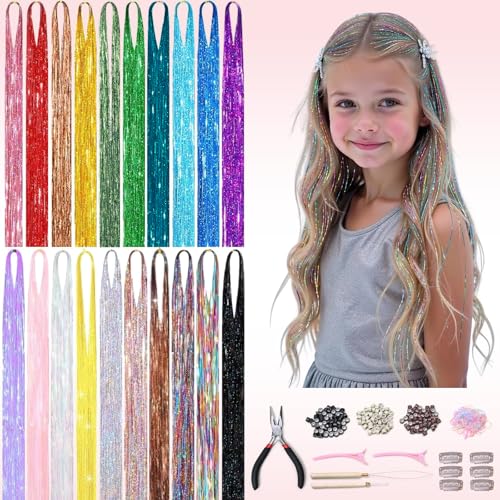 Siphis Hair Tinsel Kit 20 Colors 8000 Strands Heat Resistant Tinsel Glitter Hair Extensions with Tools DIY Colorful Fairy Hair Accessories for Teen Women Girls (48 Inch 20 Colors)