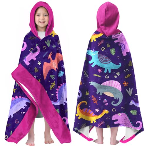 Image of Dinosaur Girls Beach Towel with Hoodie for Kids Toddlers Age 4-8, Pink Bath Towels Shower Wrap for Girls, Hooded Poncho Beach Blanket for Pool Swimming Cute Wearable Bath Towel for Child