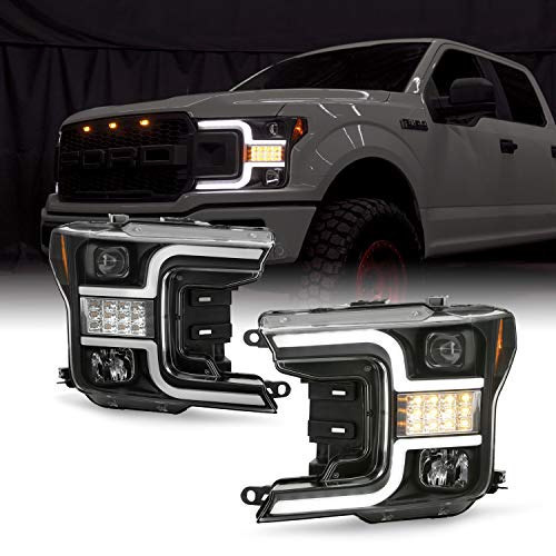 Fits 2018-2020 Ford F150 Pickup Truck [Halogen Type] Projector Black Headlights w LED Sequential Signal Pair Left+Right