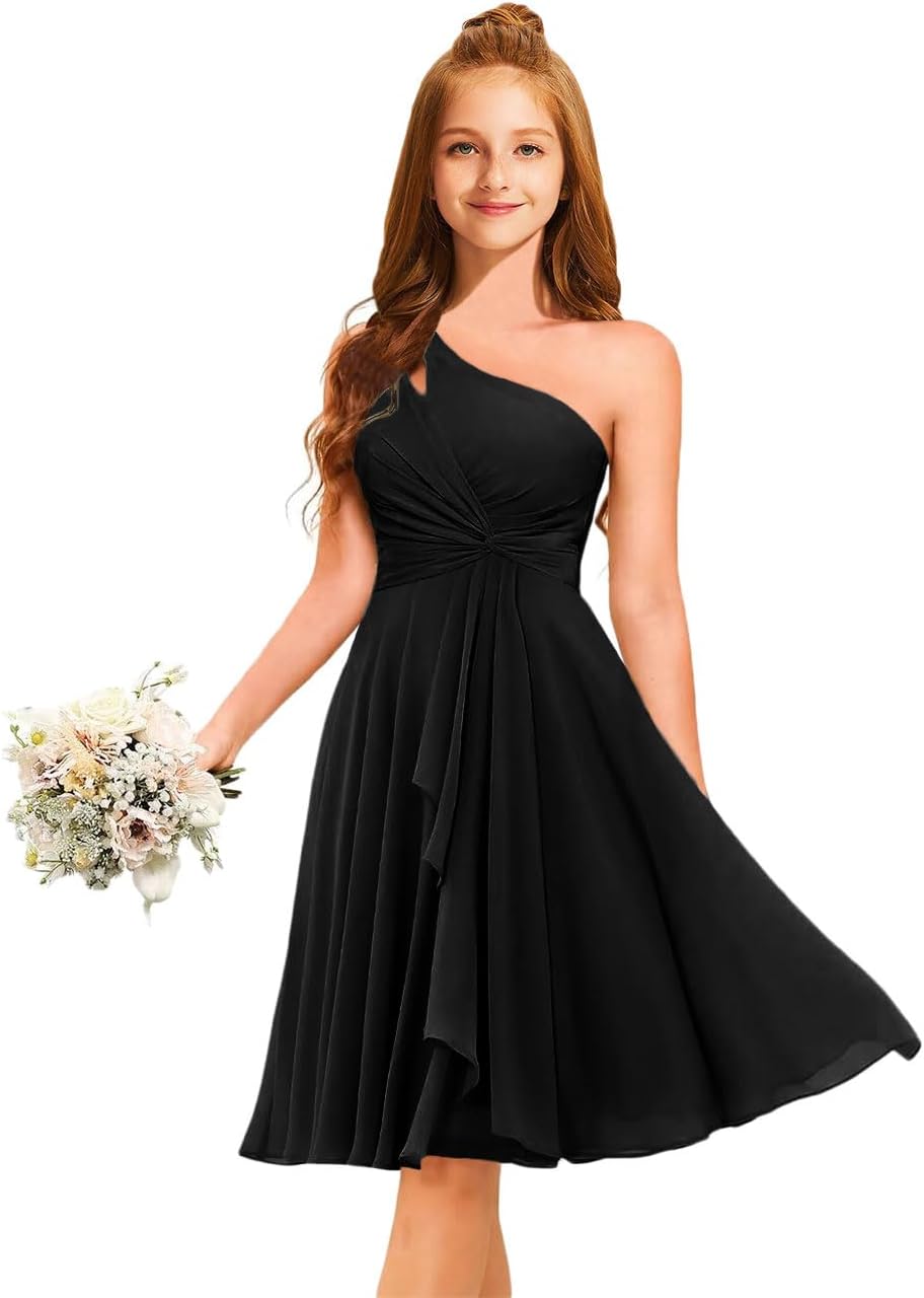 MRHUSH Junior Bridesmaid Dresses for Teen Girls Formal Dress Short Chiffon Flower Girl Dress One Shoulder Pleated Party Gown