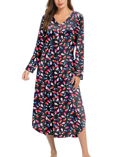 Ekouaer Nightgowns for Women Long Sleeve Nightgown Long Sleepwear Button Down Sleep Shirt Soft Night Gown S-4XL