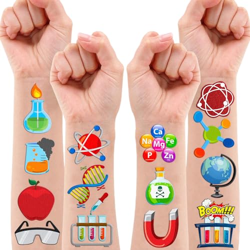 96PCS Funny Science Temporary Tattoos Mad Scientist Laboratory Themed Birthday Party Decorations Favors Supplies Decor Math Chemistry Experiment Tattoo Stickers Gifts For Kids Boys Girls School Prizes