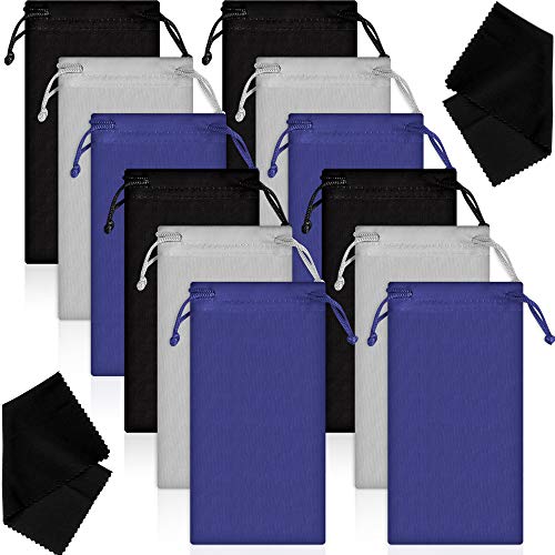 Frienda 12 Pieces Microfiber Pouch Case Bag Microfiber Glasses Sunglasses Case Soft Sunglasses Pouch with Eyeglass Cleaning Cloth (Black, Gray and Blue), 3.5 x 7 inches