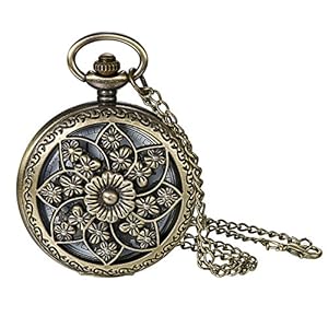 JewelryWe Retro Bronze Flower Openwork Cover Quartz Pocket Watch with 32.3 Inch Chain for Christmas