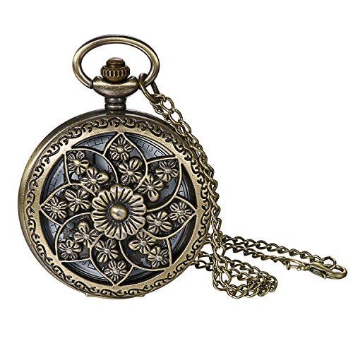 JewelryWe Retro Bronze Flower Openwork Cover Quartz Pocket Watch with 32.3 Inch Chain for Christmas