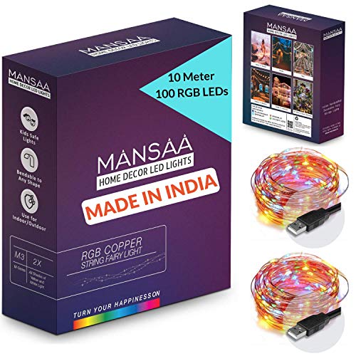 Image of MANSAA M6 USB LED String Light | 10 Meter 100 LEDs | Multicolor | USB Operated | Home Decor LED Light | Pack of 2