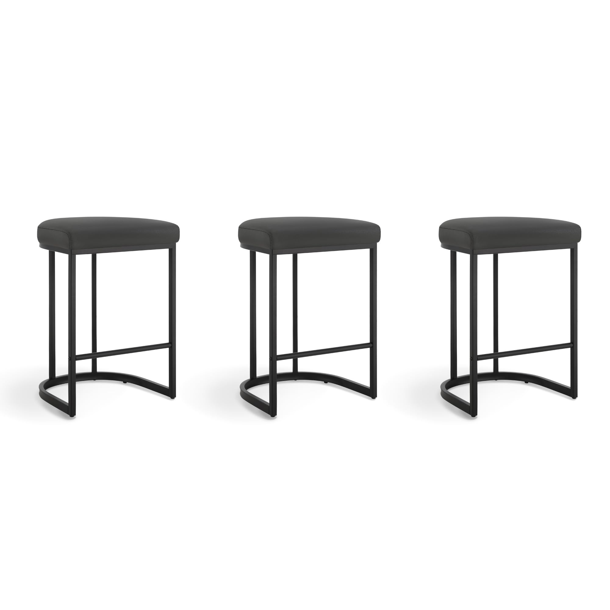 Bar Stools Set of 3, 26'' Counter Height Bar Stools with Faux Leather Upholstery, Modern Backless Barstools with Metal Frame for Kitchen Island, Black