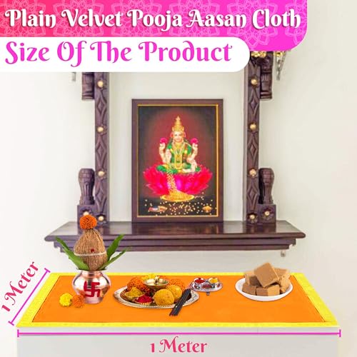 Image of Bhakti Lehar (1 Meter) Big Large Size Plain Orange Velvet Pooja Aasan for God Idol /Chowki Aasan Kapda Cloth for Temple Shelf Home Mandir, Ganesh Baithak and God Idol Sitting - Pack of 2
