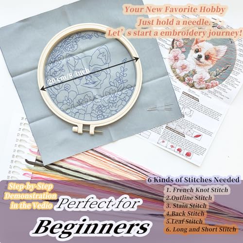 Image of FONNUY Chihuahua Dog Floral Embroidery Kit, Cross Stitch Kits for Beginners, Handmade Crafts with Printed Patterns for Beginner Adults, Easy to Follow Color Thread Needlework, 8'' Hoop (Petite Dog)