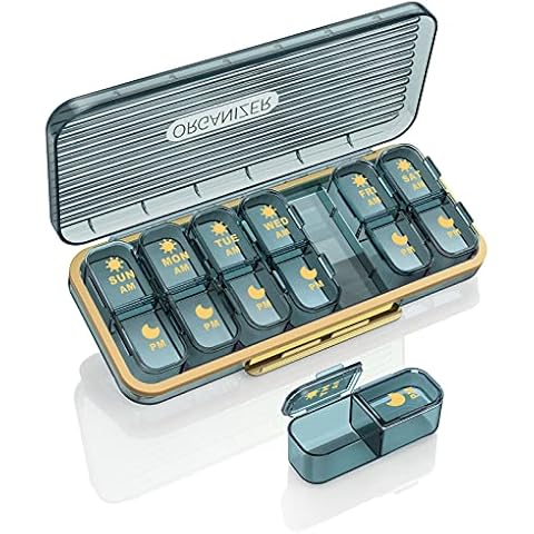 Am Pm Pill Organizer, Weekly Pill Box 2 Times A Day - Acedada 7 Day Pill Organizer with 7 Separate Containers, Portable Daily Medicine Dispenser Case for Vitamin, Fish Oils, Supplements, Stylish Blue Cover