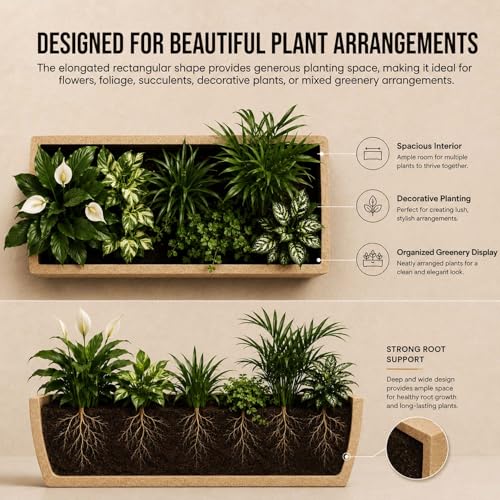 Image of Go Hooked Rectangular Leios Planter Pot 24x11 Inch | Sandstone Ribbed Design Plastic Flower Pot for Indoor Outdoor Garden Balcony Terrace Living Room | Decorative Long Plant Container