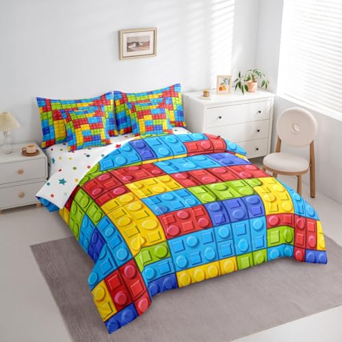 Image of Feelyou Colorful Toy 7 Piece Bedding Set Teen Women Men Funny Building Blocks Decoration Comforter Set with Sheets King Size Kids Boys Colorful Geometric Brick Bed in a Bag Cute Games Room Decor