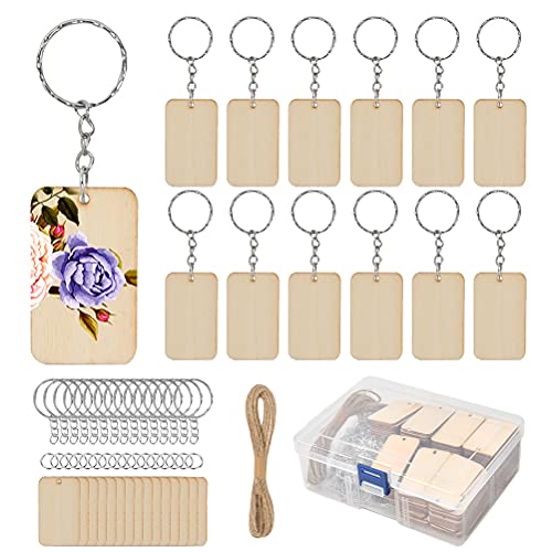 BUYGOO 80Pcs Blank Rectangle-Shaped Wooden Keychain Set, Unfinished Wood Pieces with 80pcs Key Rings and Hemp Rope Personalized Wood Keychain Key Ring Key Tags DIY Keychain Supplies for Craft
